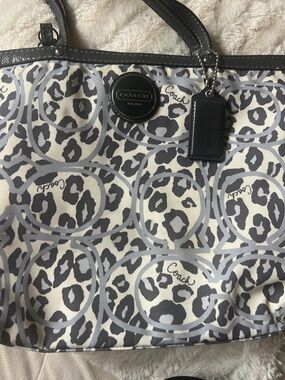 Coach Gray & White Leopard Print Tote with Signature Circles